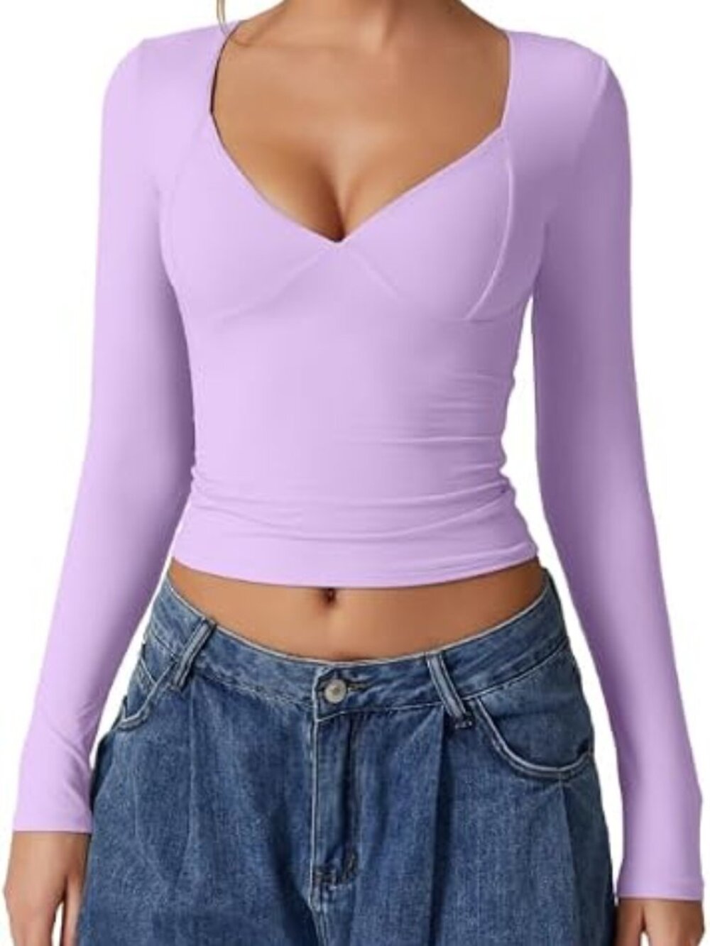 Women's Purple V Neck Crop Top Long Sleeve Double Lined Seamed Cup Tee Style